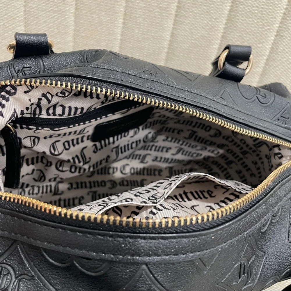 NEW Juicy Couture Black Embossed Monogram Heart Rhinestone Satchel Crossbody Bag